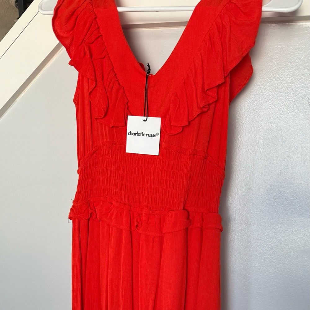Charlotte Russe coral, reddish-orange Ruffle V-Neck Maxi Dress size M - Picture 6 of 14
